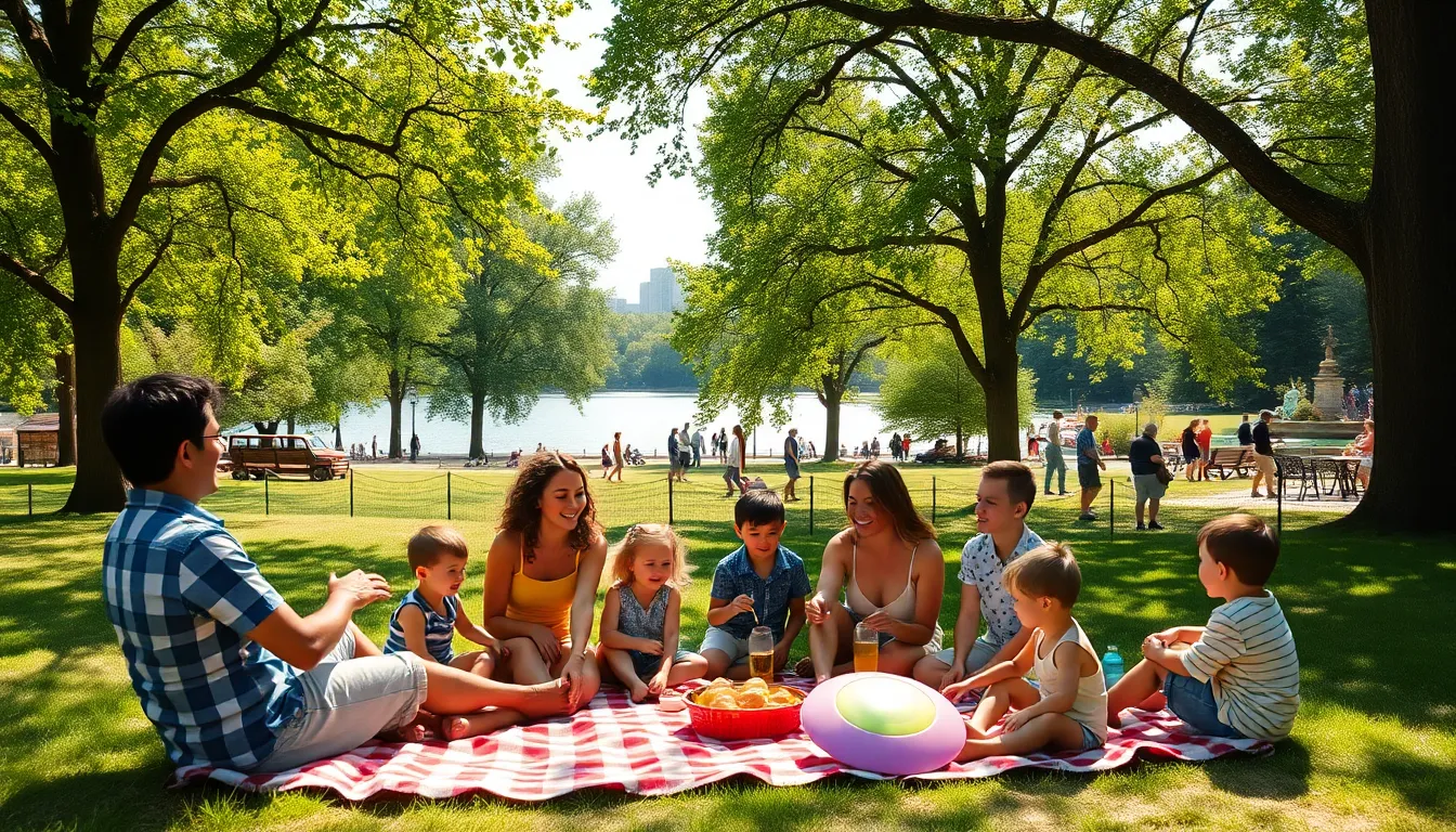 Family enjoying a picnic in Lincoln Park, Chicago.