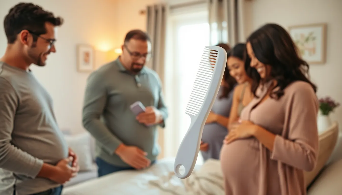 expectant parents demonstrating the use of a birthing comb in a cozy room.