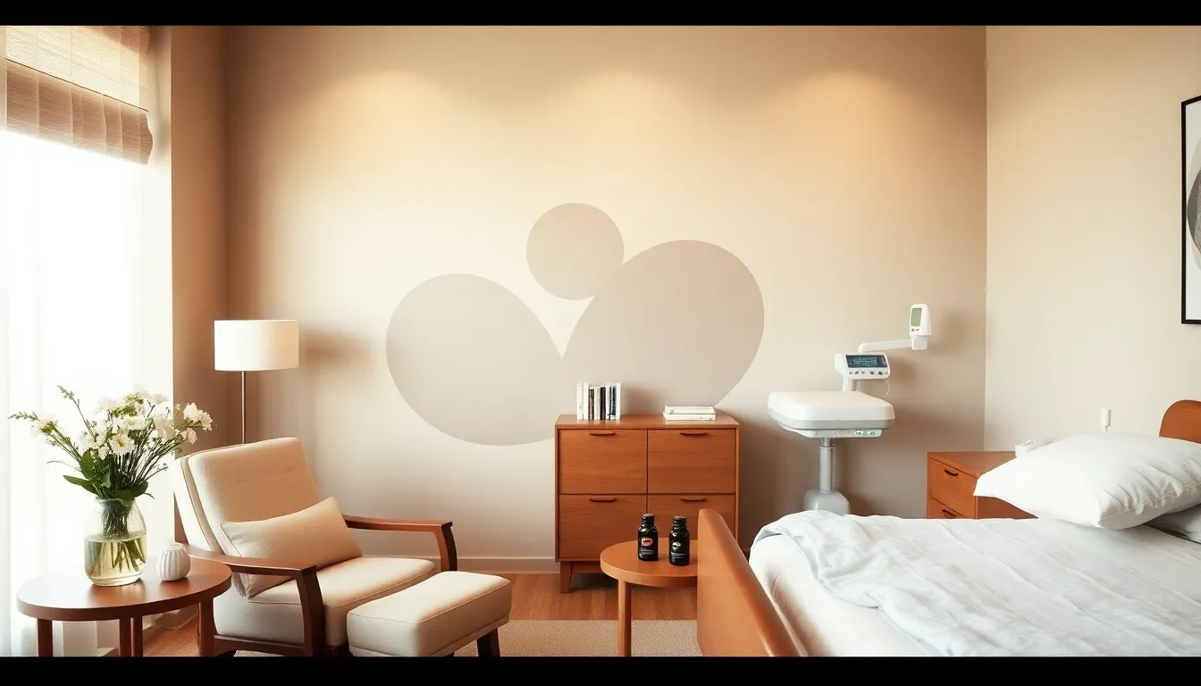 a calming birthing room with modern furnishings and soft lighting.