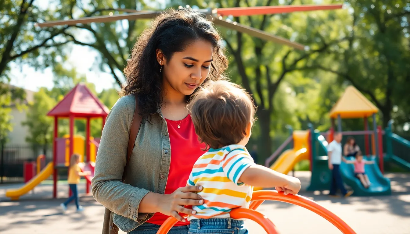 concerned mother supervising child at a playground.